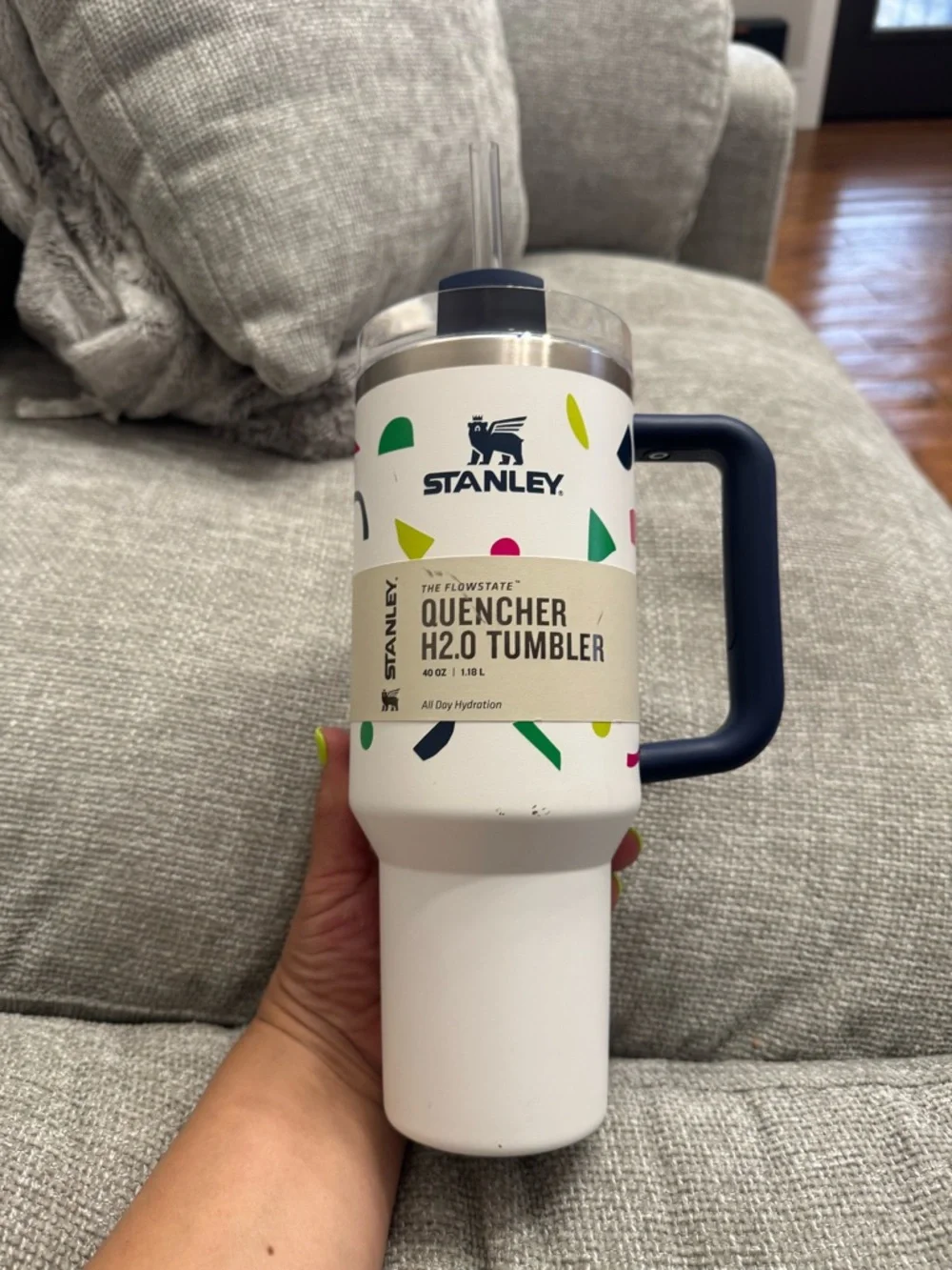 Stanley White Confetti Travel Mug with Navy Handle - Picture 4 of 8